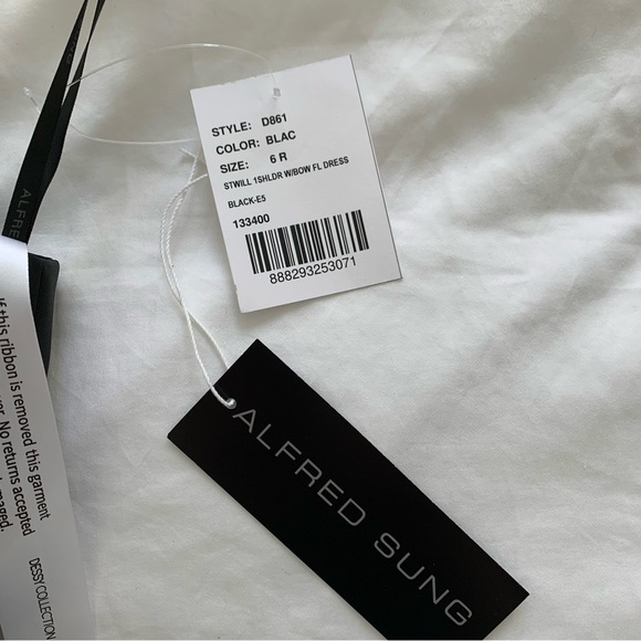 Alfred Sung Bow One-Shoulder Satin Twill Column Dress D861 Black NWT Size 6 - Picture 6 of 7